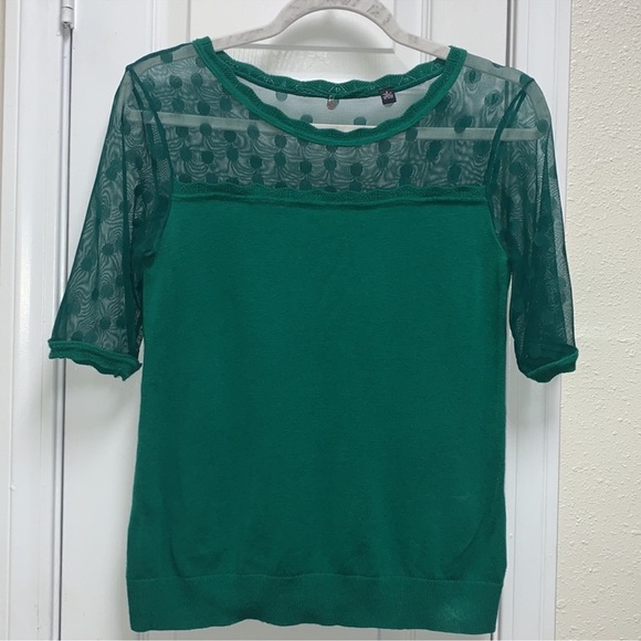 Anthropologie Knitted & Knotted Emerald Green Mirage Lace Polkadot Knit Sweater - Picture 3 of 7